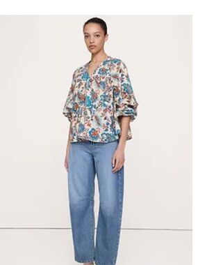 Banana Republic Multi Floral V-Neck Balloon Sleeve Blouse